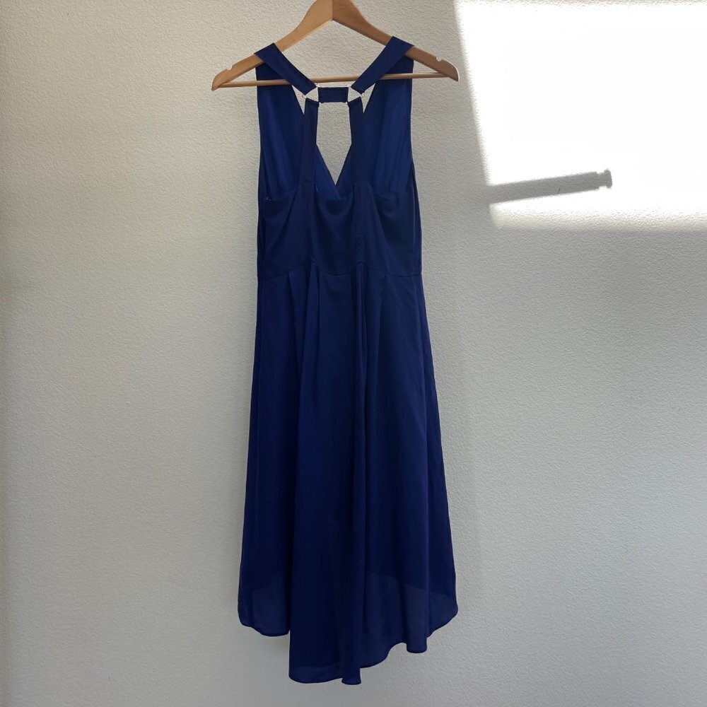 Aryn K. Blue 100% Silk High Low Deep V Pleated Cocktail Party Dress - Picture 5 of 7